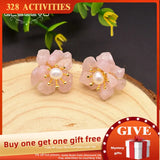 Natural Pink Crystal Pearl Stud Earrings 925 Sterling Silver Flower Earrings