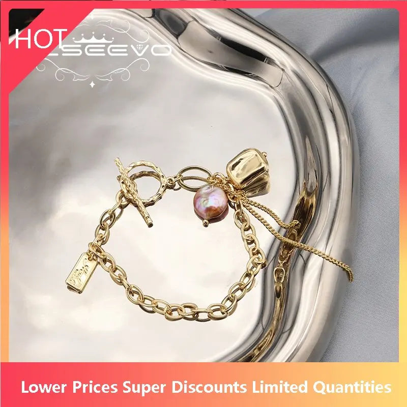 Pink Purple Baroque Pearls Long Chain Pendant Bracelet