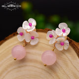 GLSEEVO Pink Crystal Drop Earrings Shell Flower Pearl Dangle 925s Jewelry