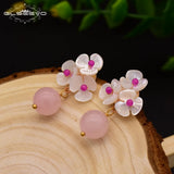 GLSEEVO Pink Crystal Drop Earrings Shell Flower Pearl Dangle 925s Jewelry