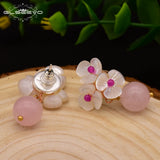 GLSEEVO Pink Crystal Drop Earrings Shell Flower Pearl Dangle 925s Jewelry