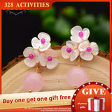 GLSEEVO Pink Crystal Drop Earrings Shell Flower Pearl Dangle 925s Jewelry