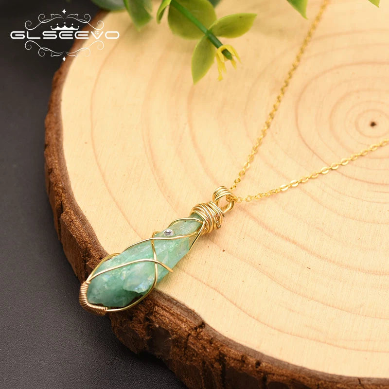 Rough Green Crystal Pendant Necklace for Women Girl Birthday Party Gift