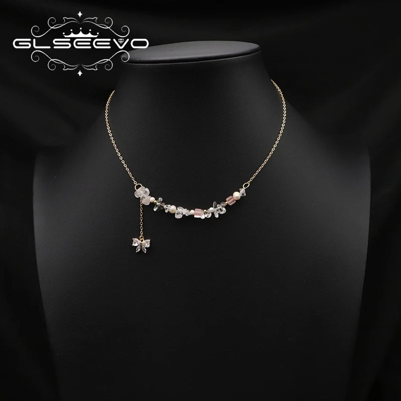 Natural Stone Freshwater Pearls Butterfly Zircon Pendant Necklace