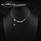 Natural Stone Freshwater Pearls Butterfly Zircon Pendant Necklace
