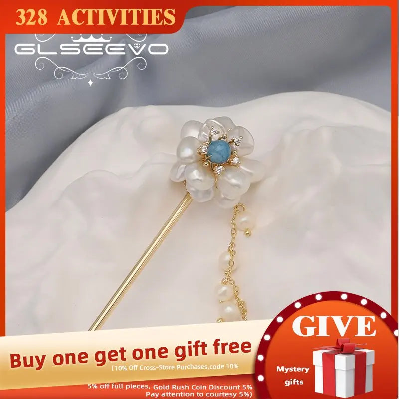 Tahitian Baroque Pearl Aquamarine Tassel Hairpin