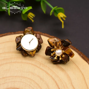 Tiger Eye Stone Pearl Stud Earrings 925 Silver Flower Jewelry