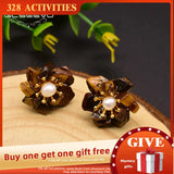 Tiger Eye Stone Pearl Stud Earrings 925 Silver Flower Jewelry