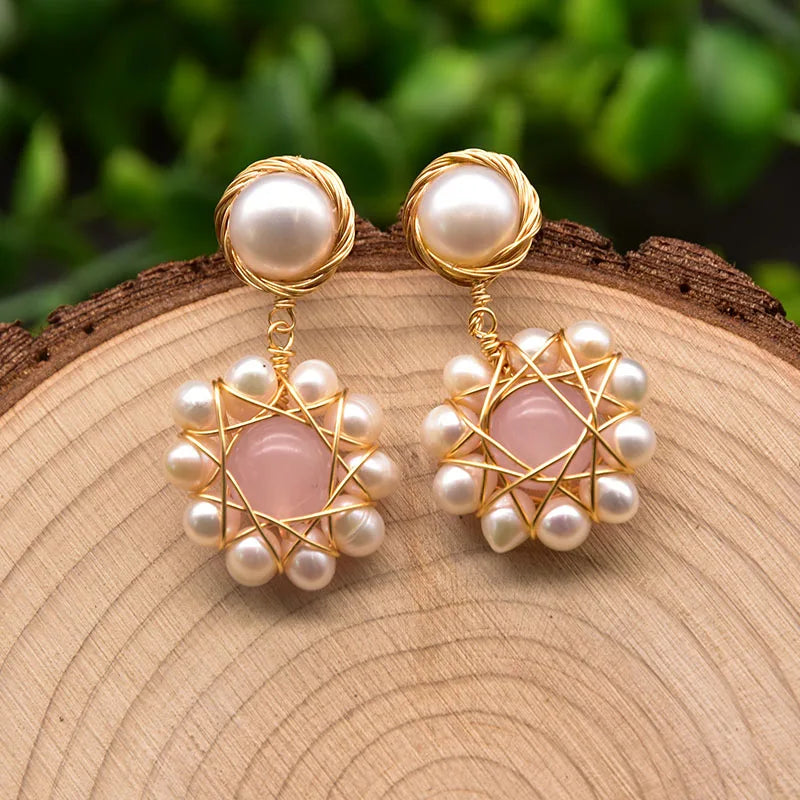 Freshwater Pearl Drop Earrings 925 Silver Pink Crystal GE0911A