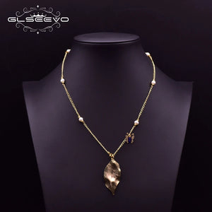 GLSEEVO Fresh Water Pearls Necklace Leaf Butterfly Pendant