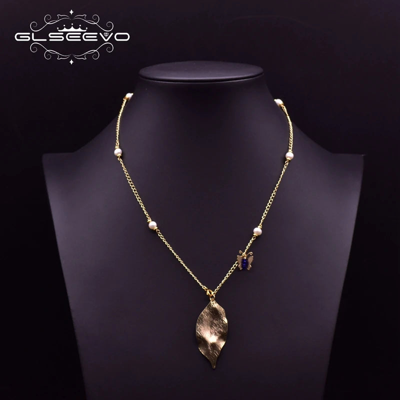 GLSEEVO Fresh Water Pearls Necklace Leaf Butterfly Pendant