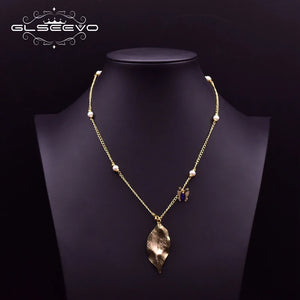 GLSEEVO Fresh Water Pearls Necklace Leaf Butterfly Pendant