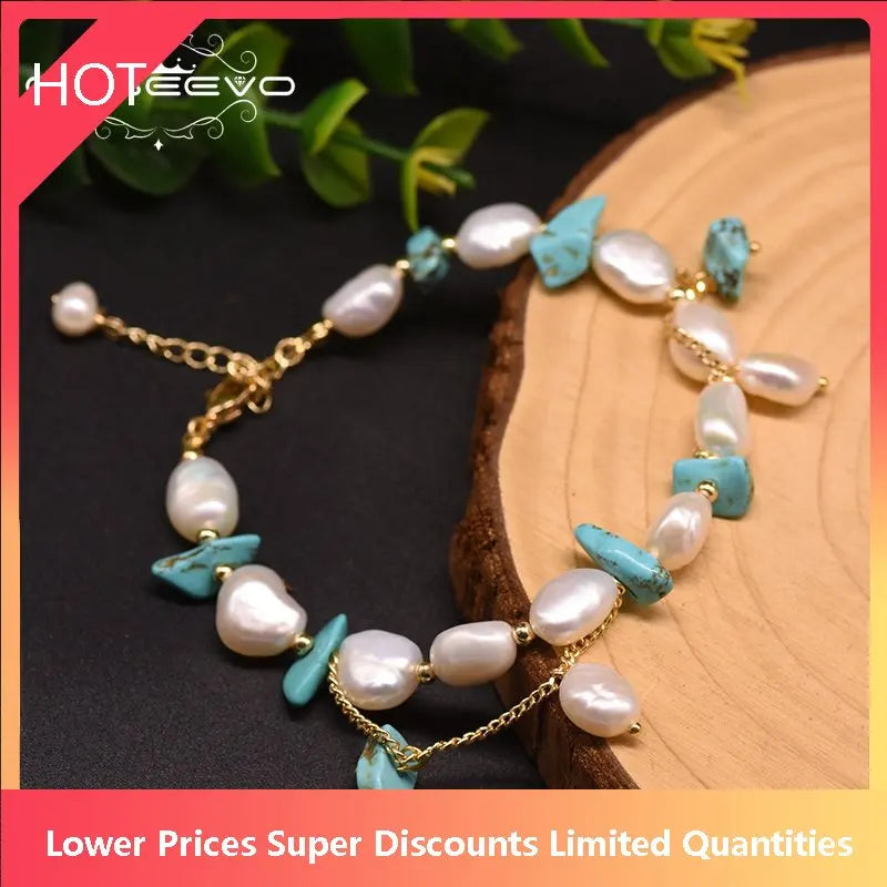 Freshwater Pearl Turquoise Adjustable Charm Bracelet For Women