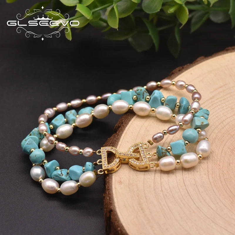Natural Turquoise Pearl Multilayer Charm Bracelet for Women