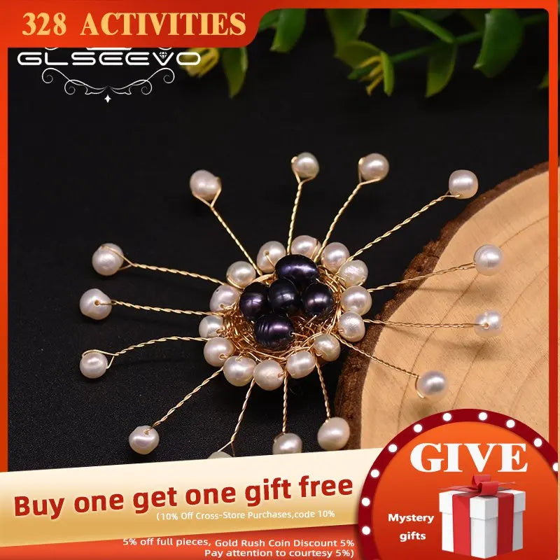 Round Freshwater Pearl Flower Brooch for Women Girls