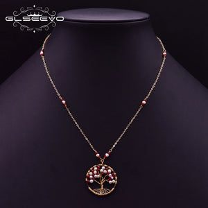 Pearl Red Glass Tree Pendant Boho Necklace Adjustable Jewelry