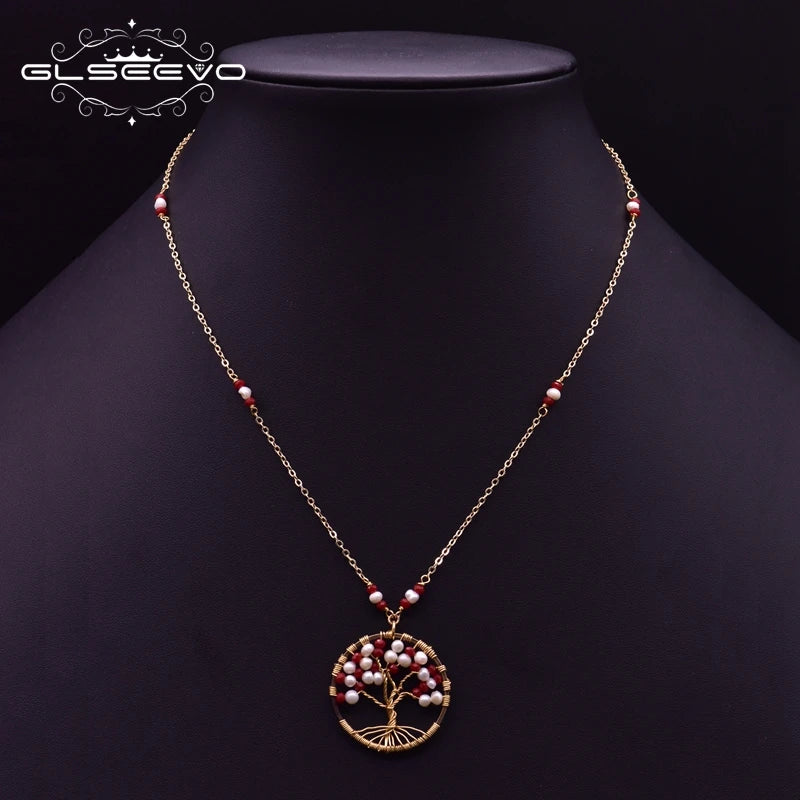 Pearl Red Glass Tree Pendant Boho Necklace Adjustable Jewelry