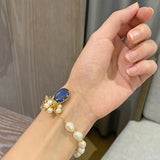 Baroque Pearl Lapis Lazuli Charms Bracelet Freshwater Anniversary Jewelry