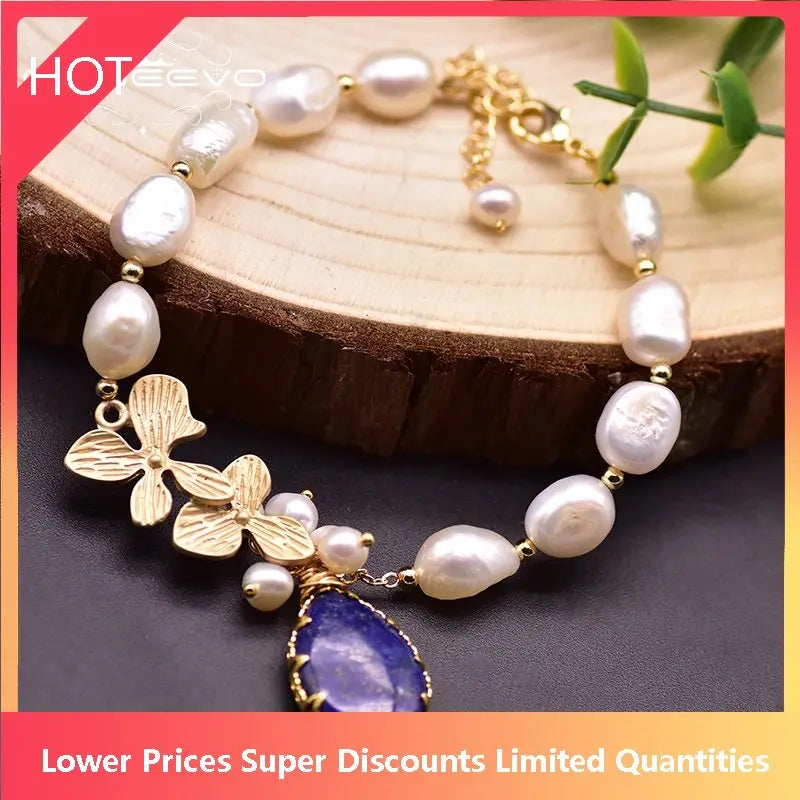 Baroque Pearl Lapis Lazuli Charms Bracelet Freshwater Anniversary Jewelry