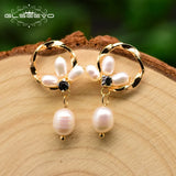 GLSEEVO Freshwater Pearl Round Earrings Zircon Jewelry GE0781