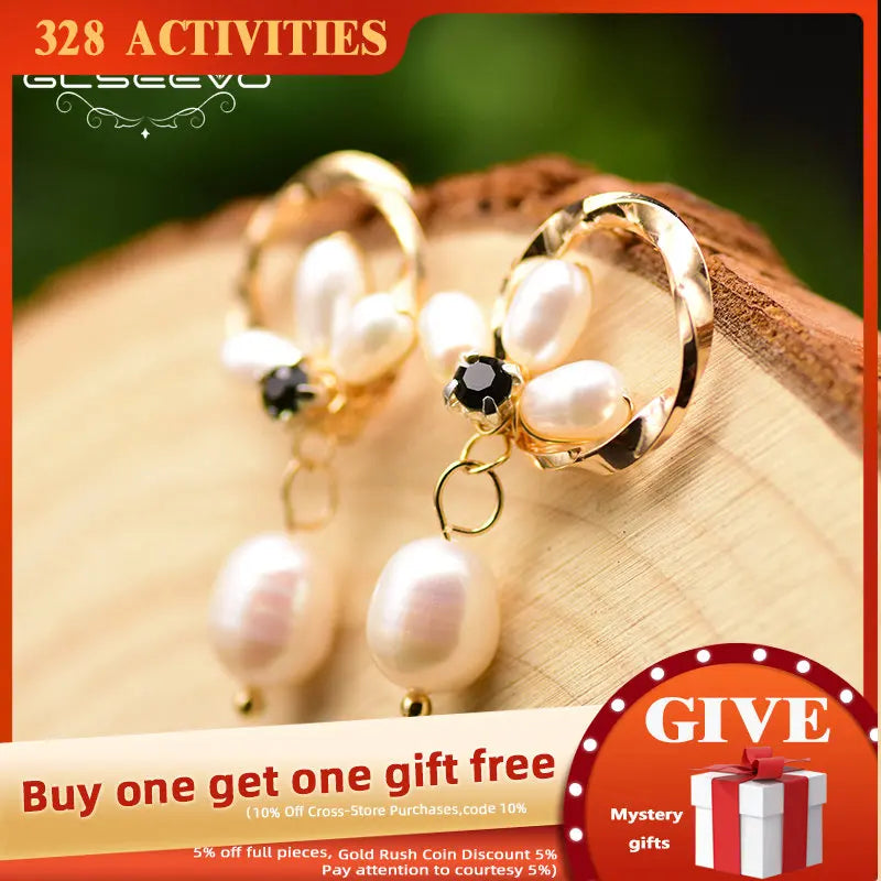 GLSEEVO Freshwater Pearl Round Earrings Zircon Jewelry GE0781
