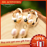 GLSEEVO Freshwater Pearl Round Earrings Zircon Jewelry GE0781