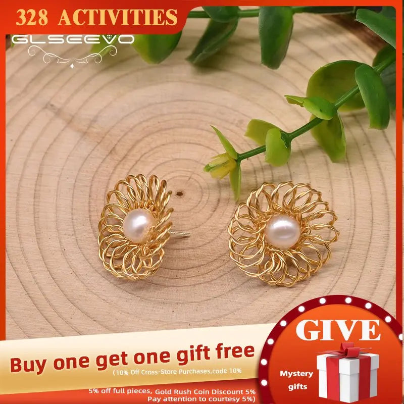 Sun Flower Freshwater Pearl Stud Earrings 925 Sterling Silver Fine Jewelry