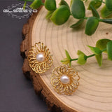 Sun Flower Freshwater Pearl Stud Earrings 925 Sterling Silver Fine Jewelry