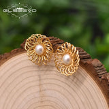 Sun Flower Freshwater Pearl Stud Earrings 925 Sterling Silver Fine Jewelry
