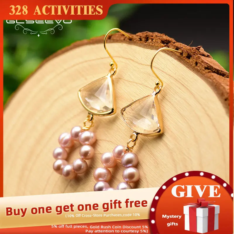 GLSEEVO Purple Pearl Fan Drop Earrings 925 Sterling Silver