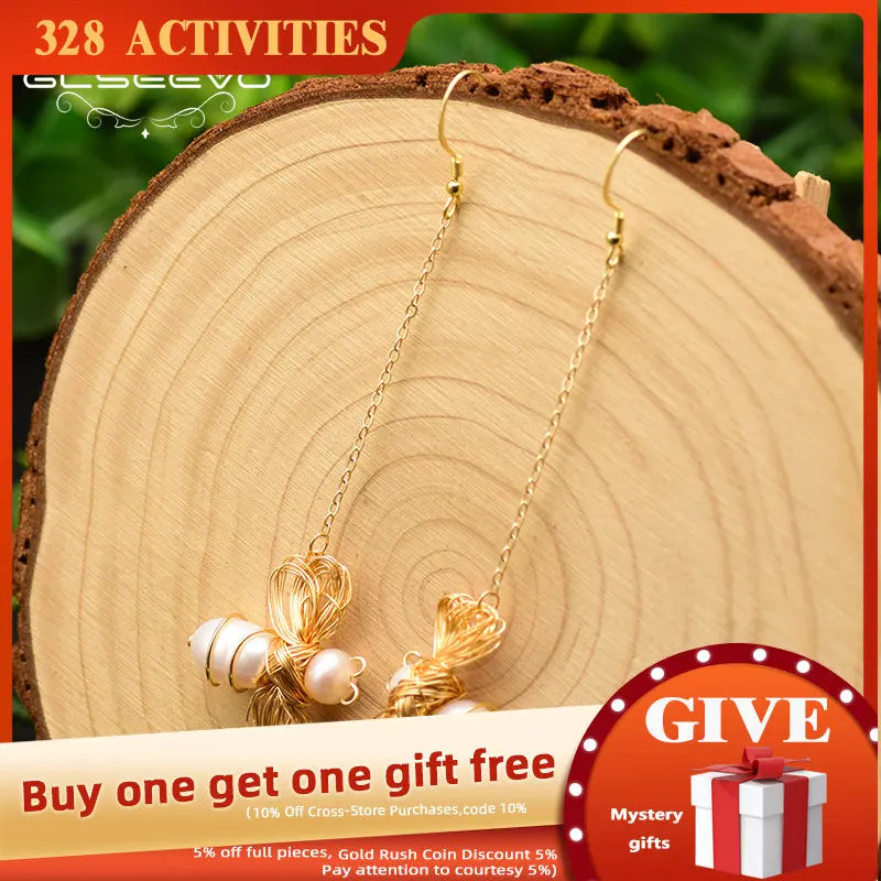 GLSEEVO Bee Long Dangle Earring Fresh Water Pearl Drop Earrings