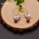 GLSEEVO Fresh Water Pearl Red Stone Dangle Earrings For Women