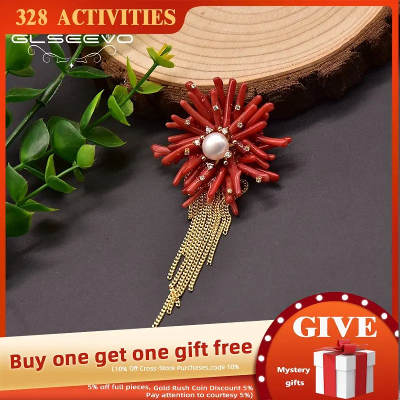 Baroque Pearl Brooch Coral Flower Jewelry