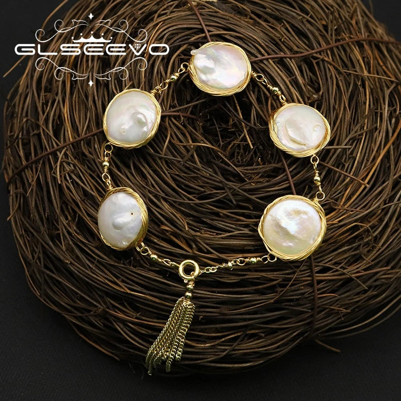 Baroque Flat Pearl Adjustable Tassel Bracelet GB0147