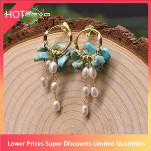 Freshwater Pearl Turquoise Drop Earrings 925 Silver Jewelry