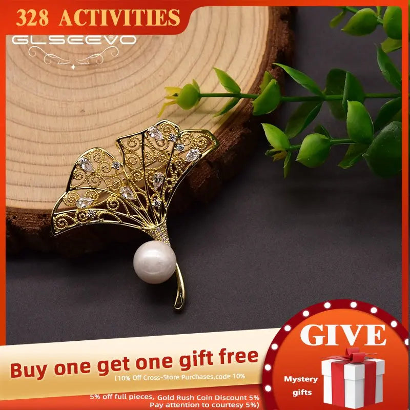 Baroque Pearl Brooch Ginkgo Leaf Retro Jewelry