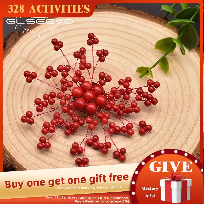 Natural Coral Snowflake Shape Brooch Wedding Party Gift GO0388