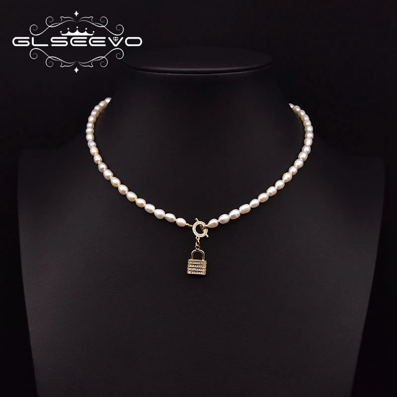 Freshwater Pearl Zircon Lock Pin Pendant Necklace GN0288B
