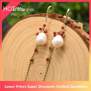 Pale Water Pearl Earrings Red Crystal Tassel Pendant GE0855