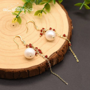 Pale Water Pearl Earrings Red Crystal Tassel Pendant GE0855