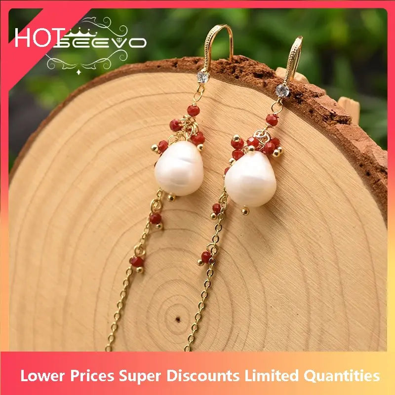 Pale Water Pearl Earrings Red Crystal Tassel Pendant GE0855