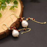 Pale Water Pearl Earrings Red Crystal Tassel Pendant GE0855