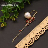 Pale Water Pearl Earrings Red Crystal Tassel Pendant GE0855