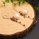 Pale Water Pearl Earrings Red Crystal Tassel Pendant GE0855