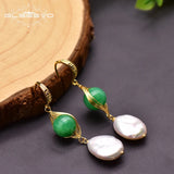 Green Jade Drop Earrings with Fresh Water Pearls