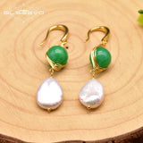 Green Jade Drop Earrings with Fresh Water Pearls