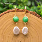 Green Jade Drop Earrings with Fresh Water Pearls