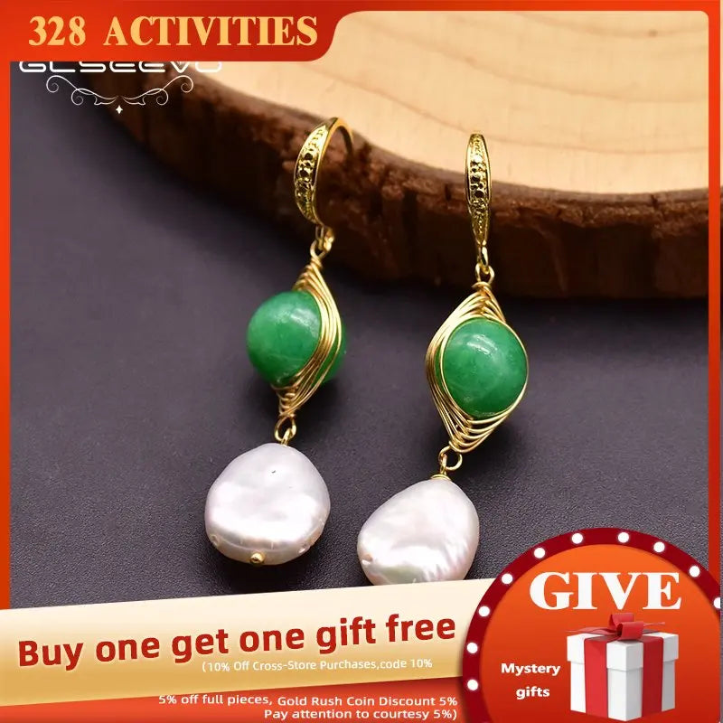 Green Jade Drop Earrings with Fresh Water Pearls