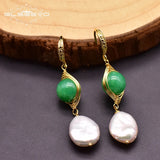 Green Jade Drop Earrings with Fresh Water Pearls