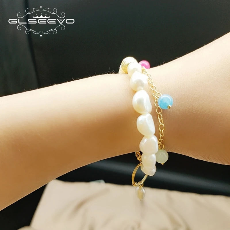2 Layer Real Pearl Bracelet Colorful Stone Jewelry For Daughter Birthday Gift